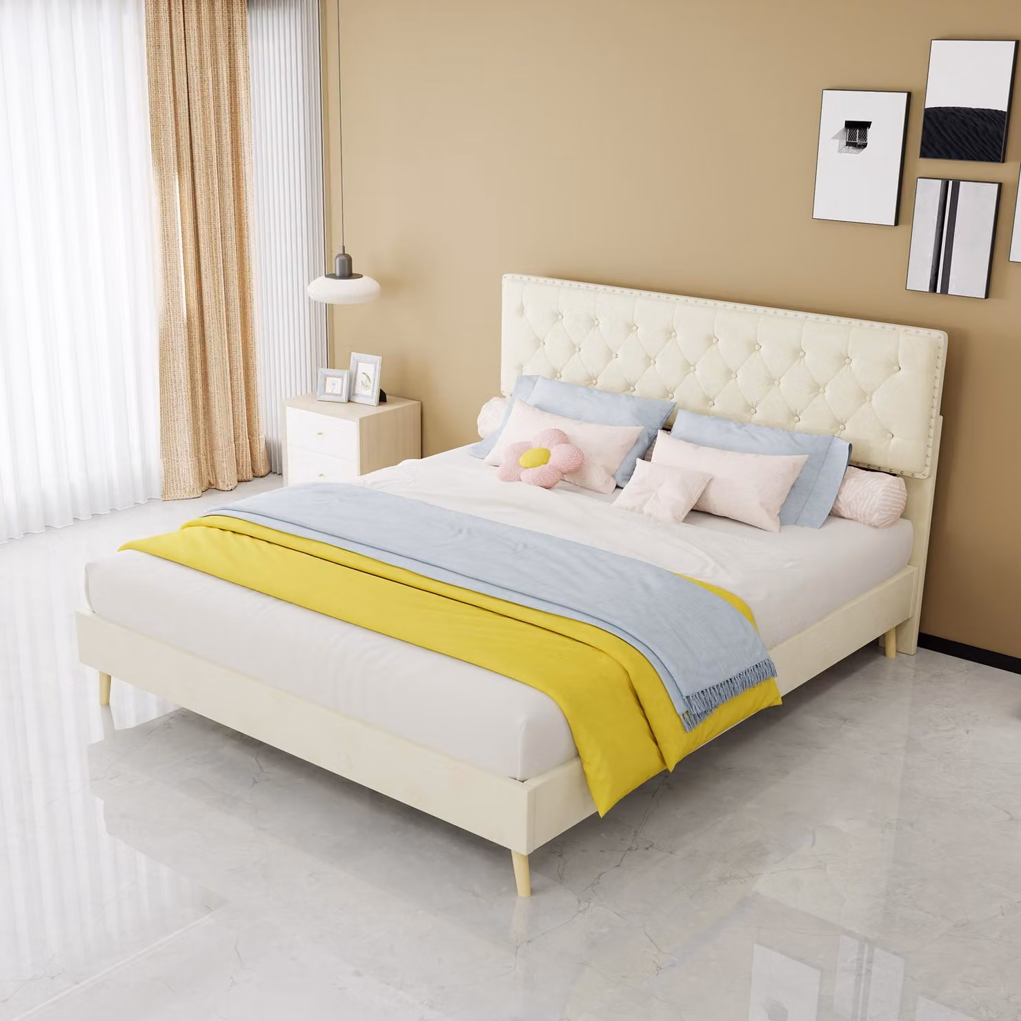 Letto imbottito 160x200 cm con spazio contenitore, base di ricarica e portabicchieri nascosto, letto 160x200 con rete a doghe, colore beige, ideale per la camera da letto