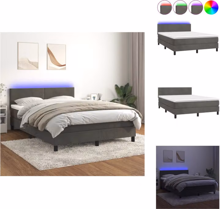vidaXL Letto a molle con materasso e LED in velluto grigio scuro 140x190 cm - Letti & strutture letto