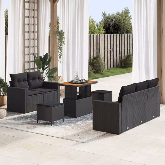 Set Divano da Giardino 8 pz 5-Numero di posti Nero polyrattan 3363509