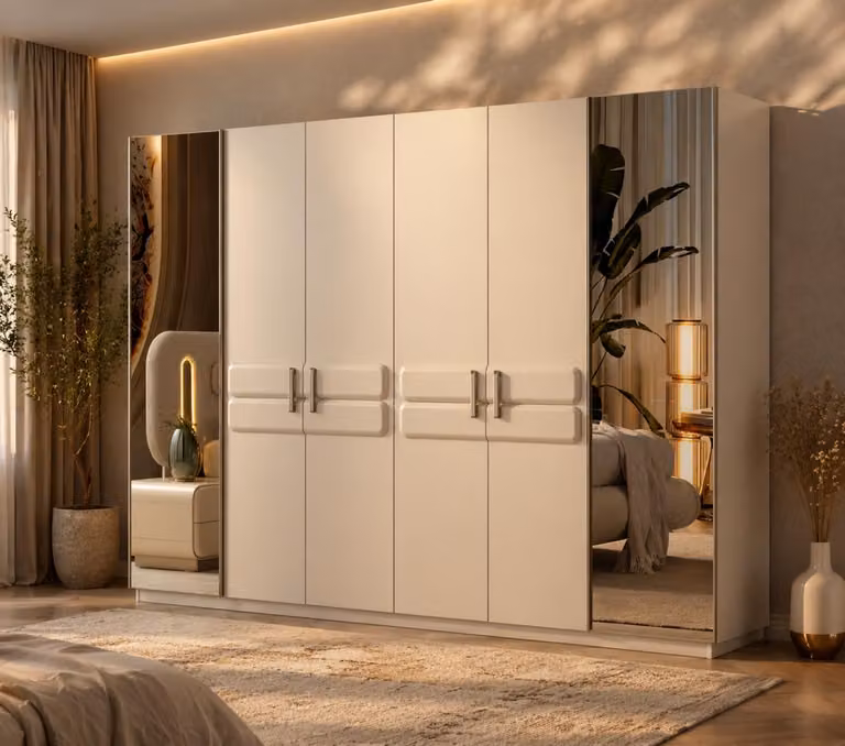 Armadio da camera da letto color beige, di design, con ante in vetro e ante a specchio
