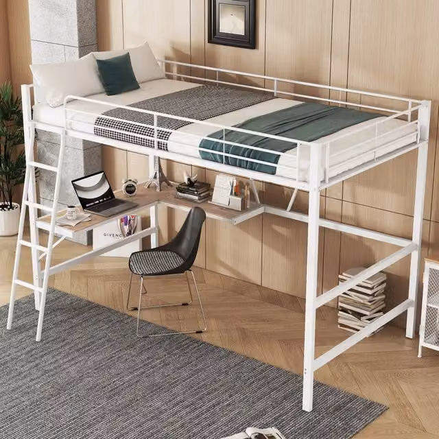 Letto a soppalco singolo OKWISH con scrivania a L e ripiani, bianco, metallo e MDF, L/P/H: 200 x 90 x 180,5 cm