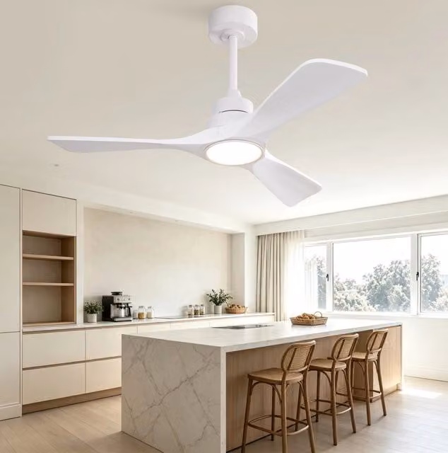 Ventilatore da soffitto MODFU con luce LED dimmerabile, telecomando e timer, colore bianco e legno
