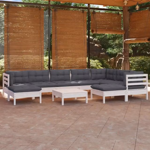 Set Divani da Giardino 10 pz con Cuscini Bianchi Legno di Pino 3096714
