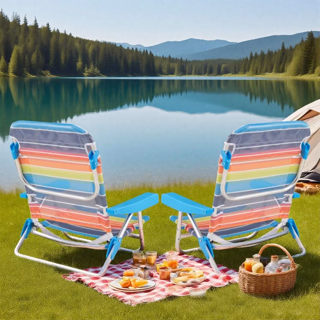 Set di 2 sedie da picnic pieghevoli multicolore con braccioli e schienale reclinabile a 5 posizioni in alluminio e tessuto textilene – 2