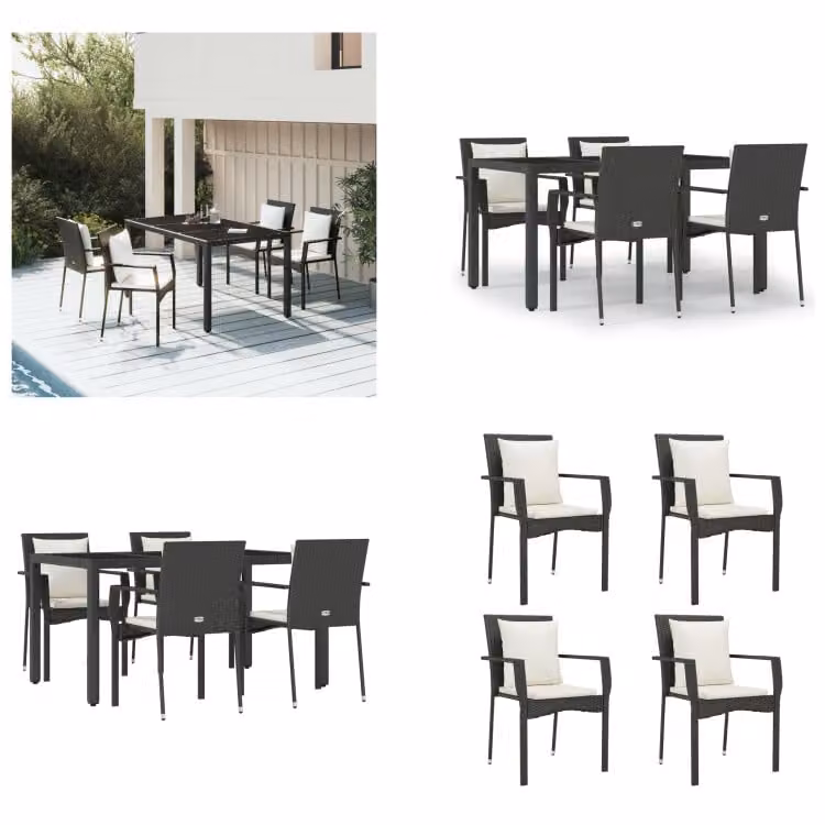 vidaXL Set da pranzo da giardino 5 pezzi con cuscini in poly rattan nero - Set da pranzo da giardino - Set da pranzo da giardino - Set da pranzo da terrazza