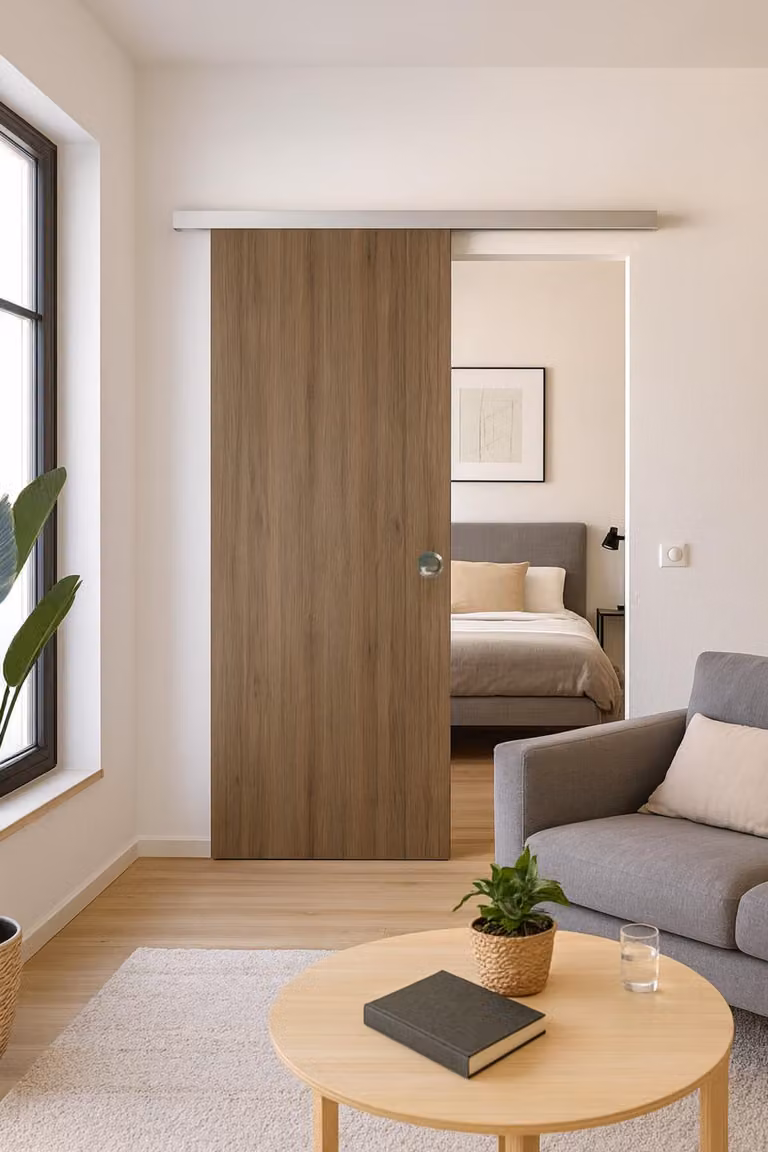 Porta scorrevole Light Walnut H204 x L73 cm, binario in alluminio, conchiglie Gd Menuiseries