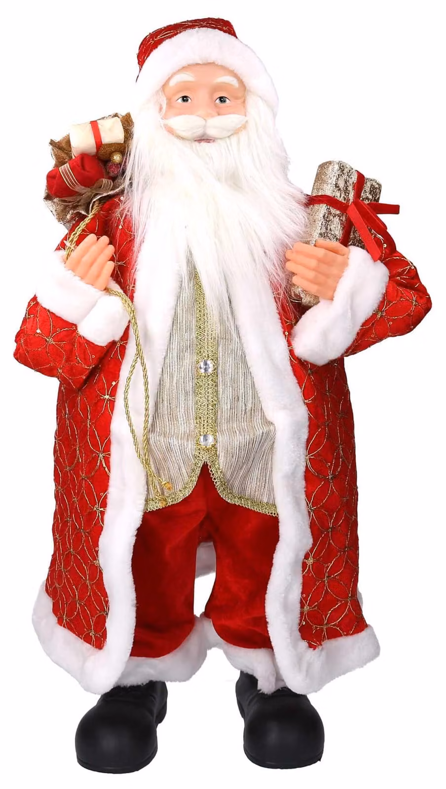 Babbo natale in tessuto rosso e oro con regali cm xh80