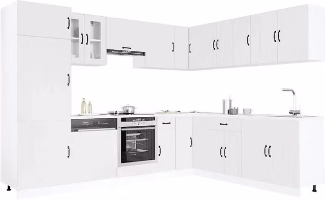 Set di mobili da cucina moderni vidaXL bianchi con dettagli in legno e vetro, configurazione ad angolo con ante a battente