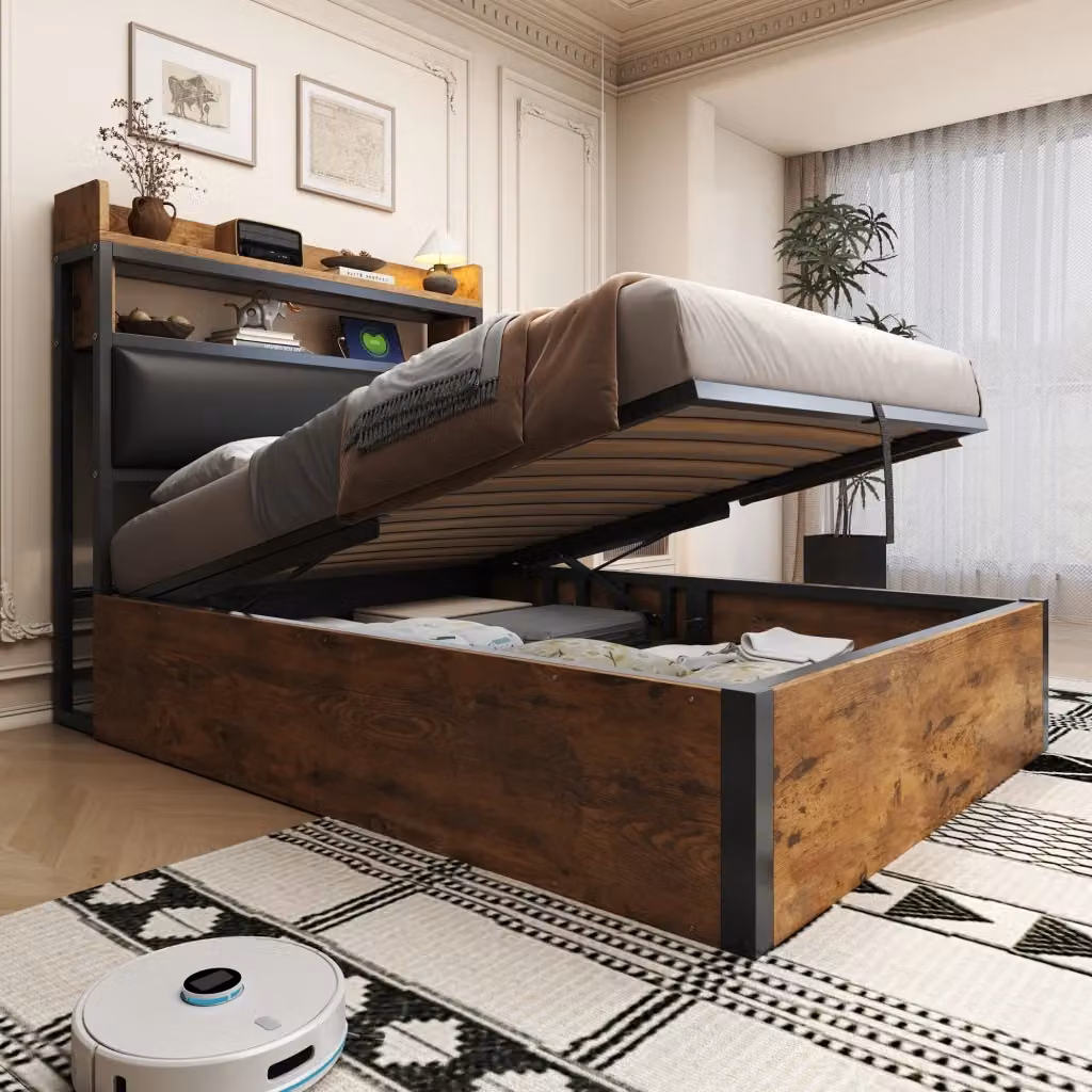 Letto Contenitore REDOM con Meccanismo Idraulico e Porta USB, Nero e Marrone, L/P: 90 x 200 cm – 2