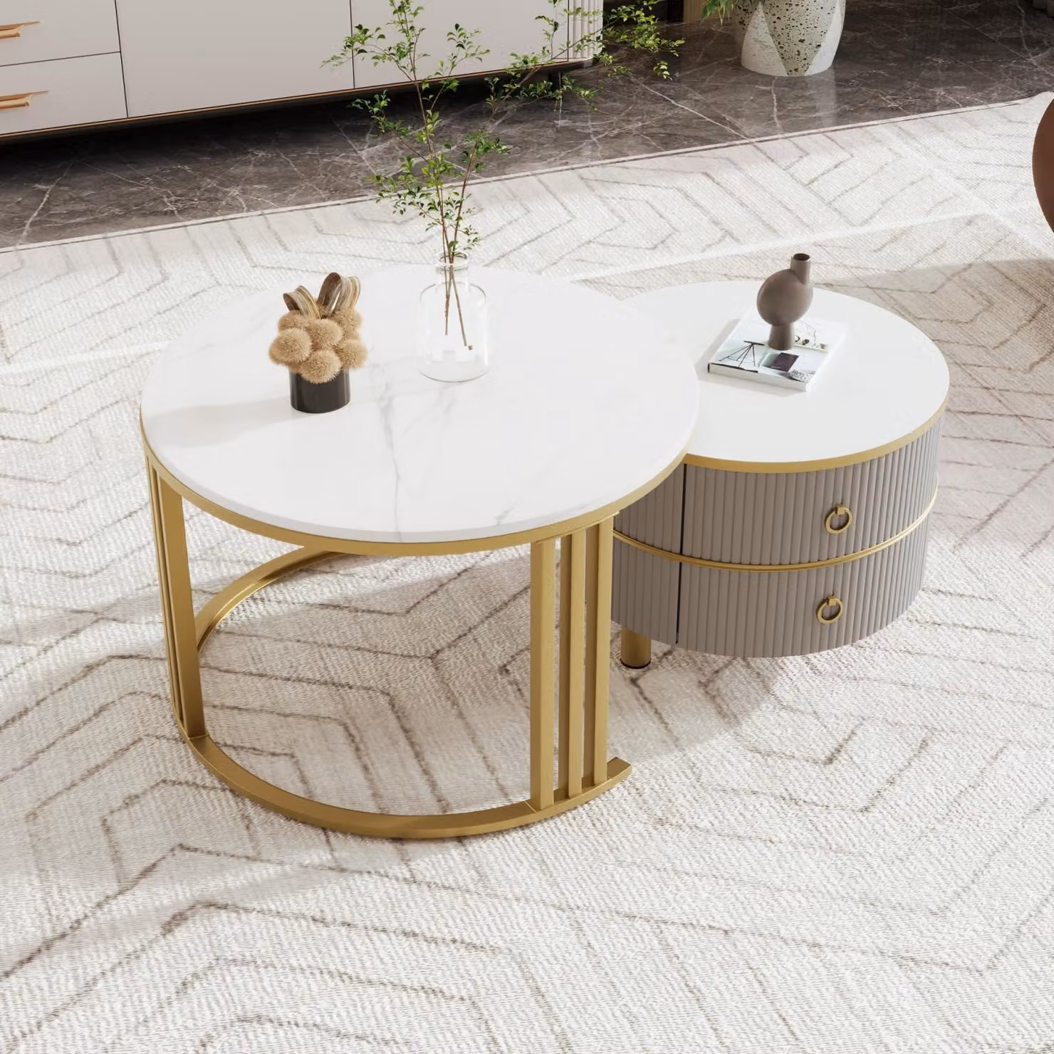 Tavolino rotondo 2 in 1 in MDF, tavolino con piano in marmo bianco, 2 cassetti, grigio