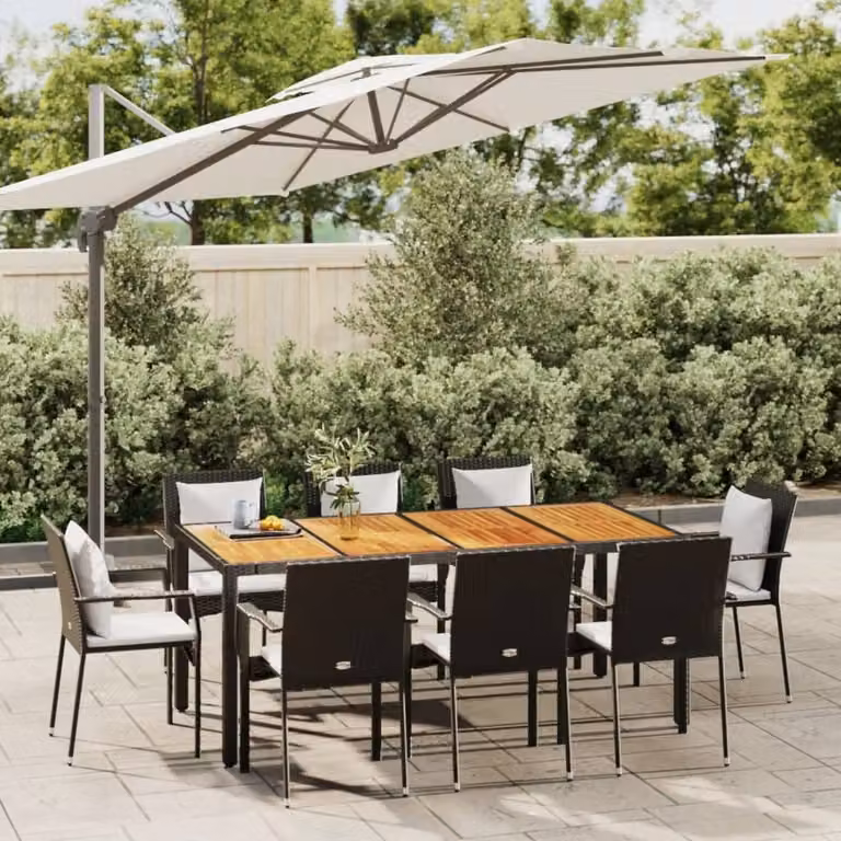 Set da pranzo da giardino vidaXL in polyrattan e legno di acacia con 9 pezzi e cuscini nero