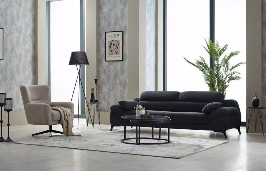 Komplette Couchgarnitur Polstersofa Dreisitzer Stoff Schwarz Sessel