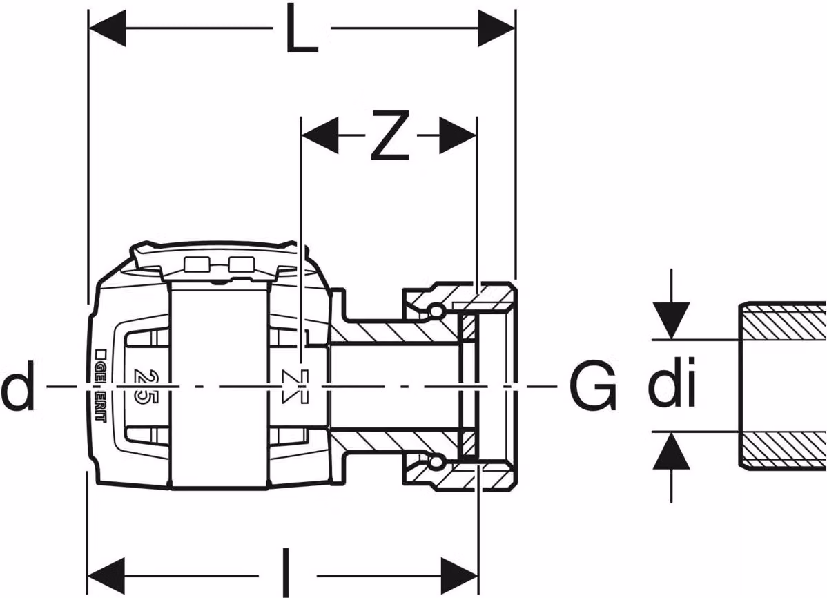 Geberit FlowFit transizione con dado per raccordo SiBr d25-G1 1/4