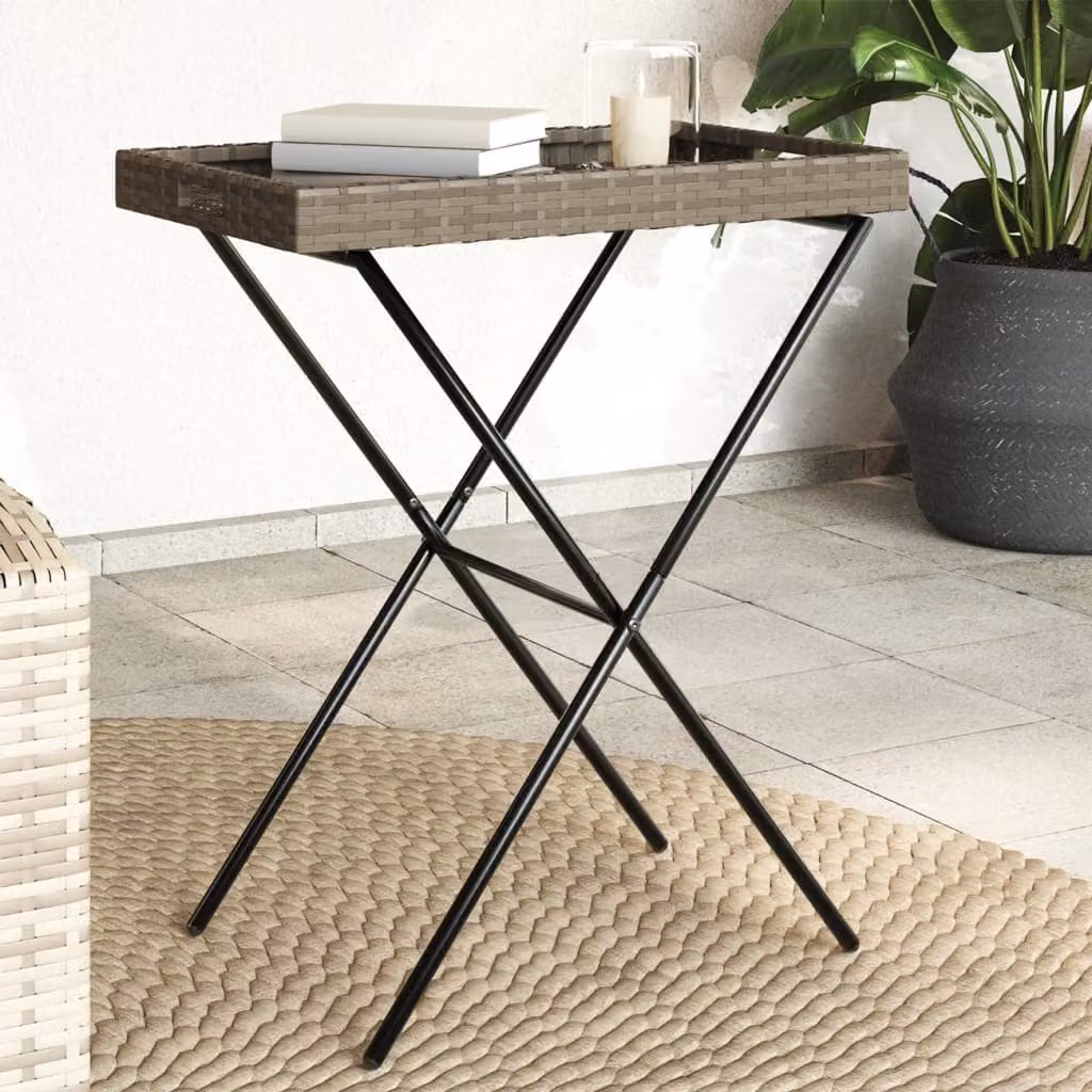 vidaXL Tavolino Vassoio Pieghevole in Polyrattan Grigio L: 65 cm, P: 40 cm, H: 75 cm