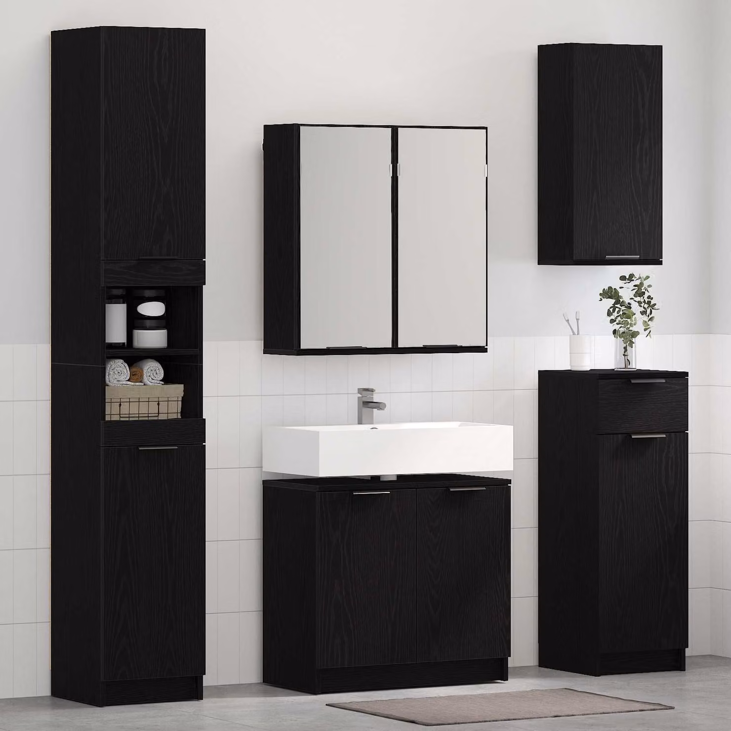 Set di mobili per il bagno vidaXL 5 pezzi in stile minimalista, colore nero, L: 64,5 cm, P: 33,5 cm, H: 59 cm