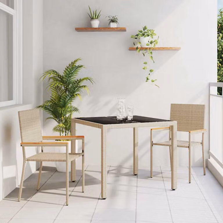 Set da pranzo per giardino e terrazzo vidaXL in polyrattan e legno di acacia beige e marrone con tavolo in vetro rettangolare 3 pezzi