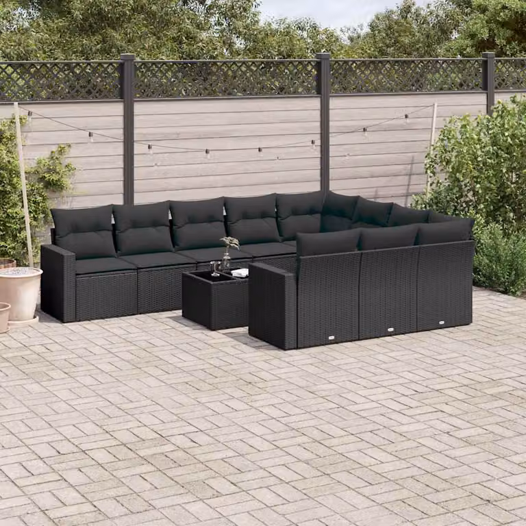 vidaXL Set Divani da Giardino a L 11 pz in Polyrattan Nero con Cuscini e Tavolino