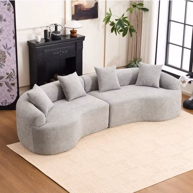 Divano angolare modulare 4 posti in ciniglia con design curvo e seduta ampia, per salotto, grigio 275 × 115 × 63 cm