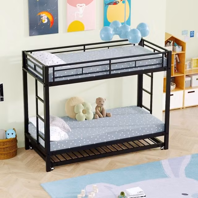 Letto a castello 90×200 cm con letto estraibile 90×190 cm, 3 posti, sponde alte, senza materasso, metallo nero