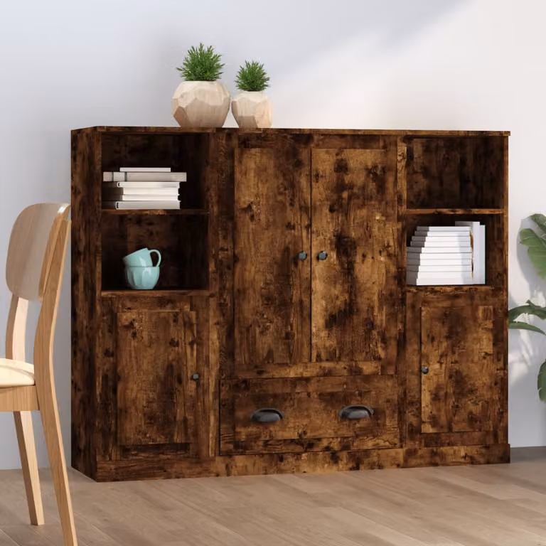 Set di 3 credenze vidaXL in legno multistrato color rovere fumo marrone con finitura opaca