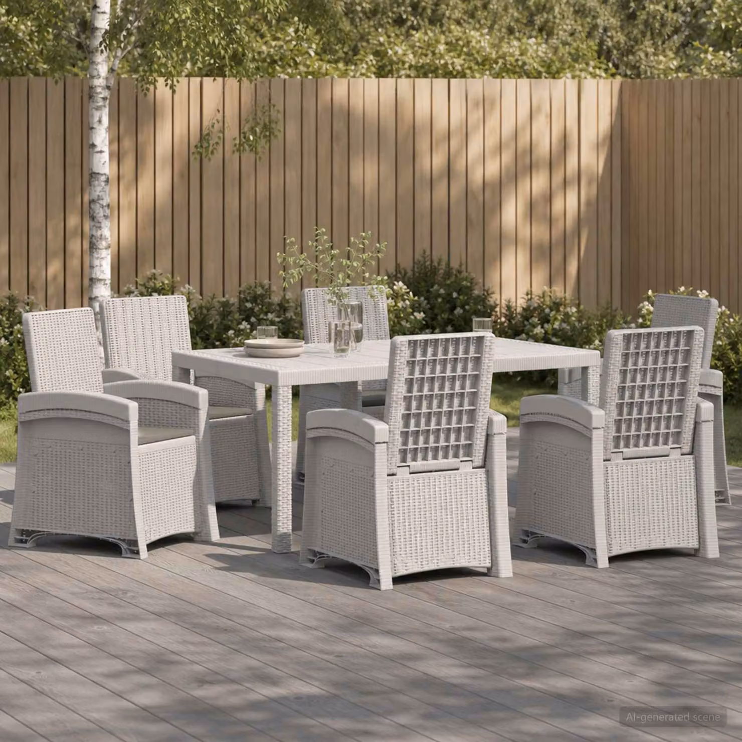 Set da pranzo per giardino e terrazza vidaXL in rattan sintetico da 7 pezzi, bianco e grigio chiaro