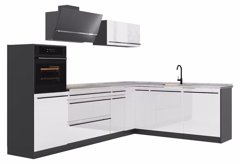 Cucina angolare completa Vicco R-Line Bianco lucido/Antracite 287 x cm piano di lavoro Marmo, Model 66763