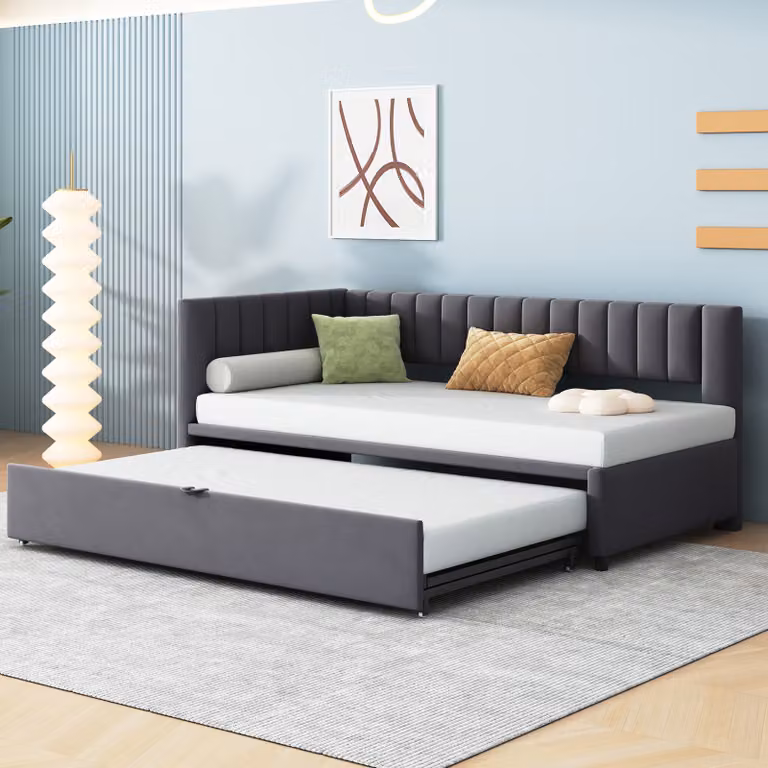 MODFU Divano letto a L con letto estraibile 90/180*200 cm, divano letto imbottito multifunzionale, letto per bambini e ragazzi, grigio scuro (senza materasso)