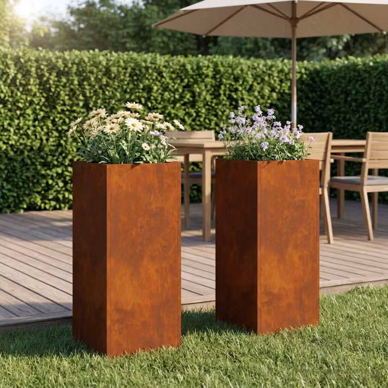 Set di 2 vasi da giardino vidaXL in acciaio color marrone, L/P/H: 20 x 20 x 50 cm