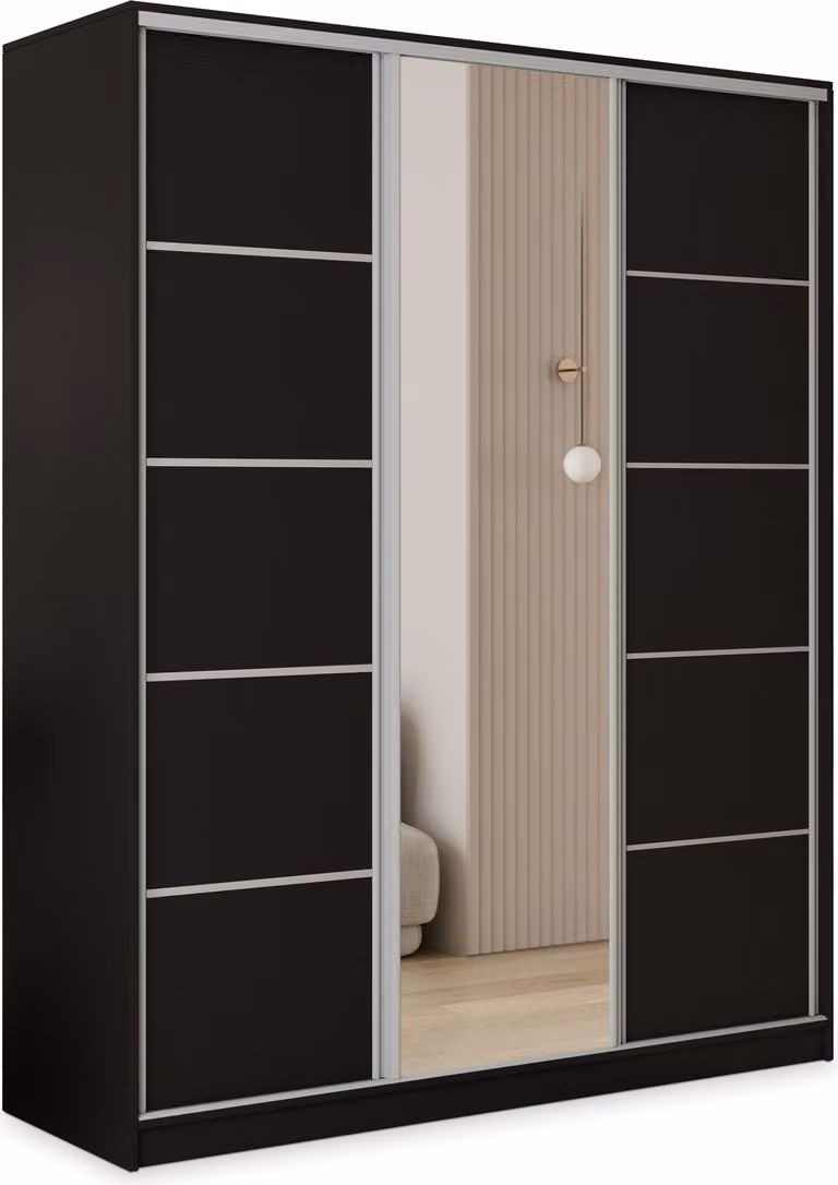 Armadio scorrevole Masseno PINA 160/205/58 cm Armadio con 4 cassetti Armadio per camera da letto a 3 ante con specchio Nero