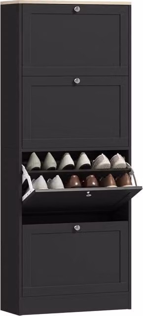 Scarpiera Salvaspazio con 4 Ante a Ribalta per 24 Paia di Scarpe Mobile Ingresso Slim Nero 60x23,5x153cm