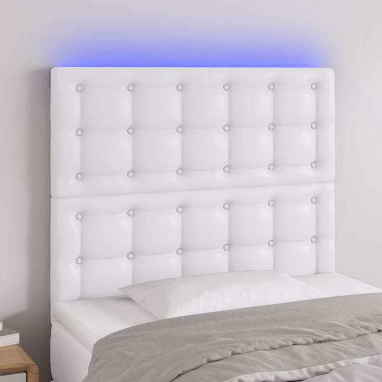 Testiera per letto vidaXL in similpelle bianca con illuminazione LED e porta di ricarica USB, L 100 cm, P 5 cm, H 118-128 cm