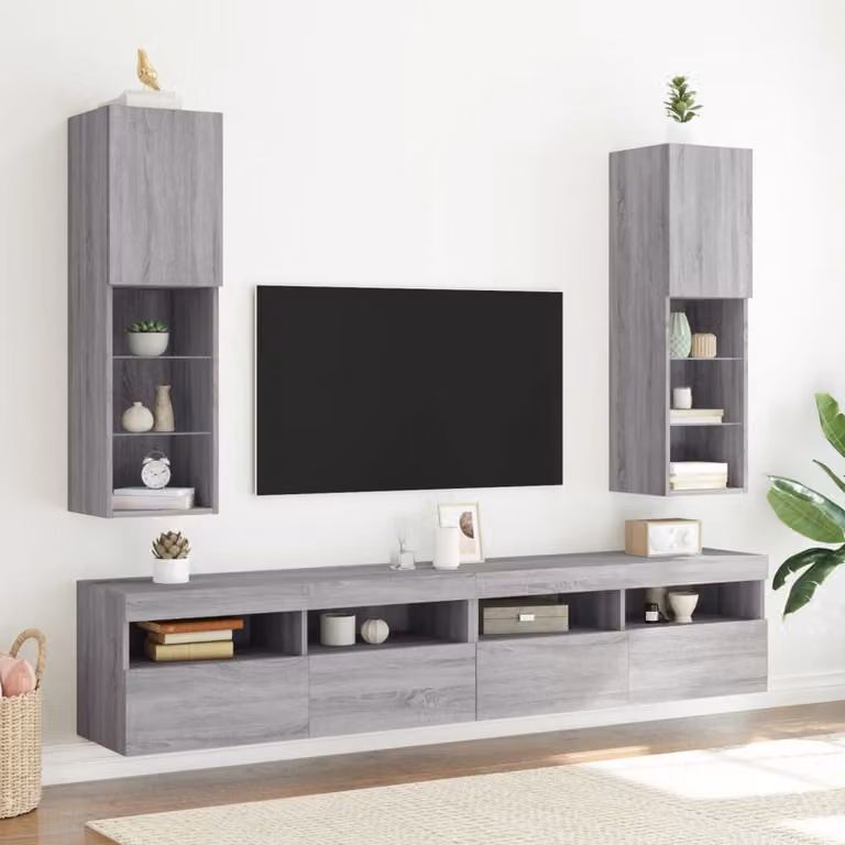 Set di 2 mobili TV moderni vidaXL con luci LED integrate, colore grigio, montaggio a parete, L/P/H: 30,5 x 30 x 102 cm