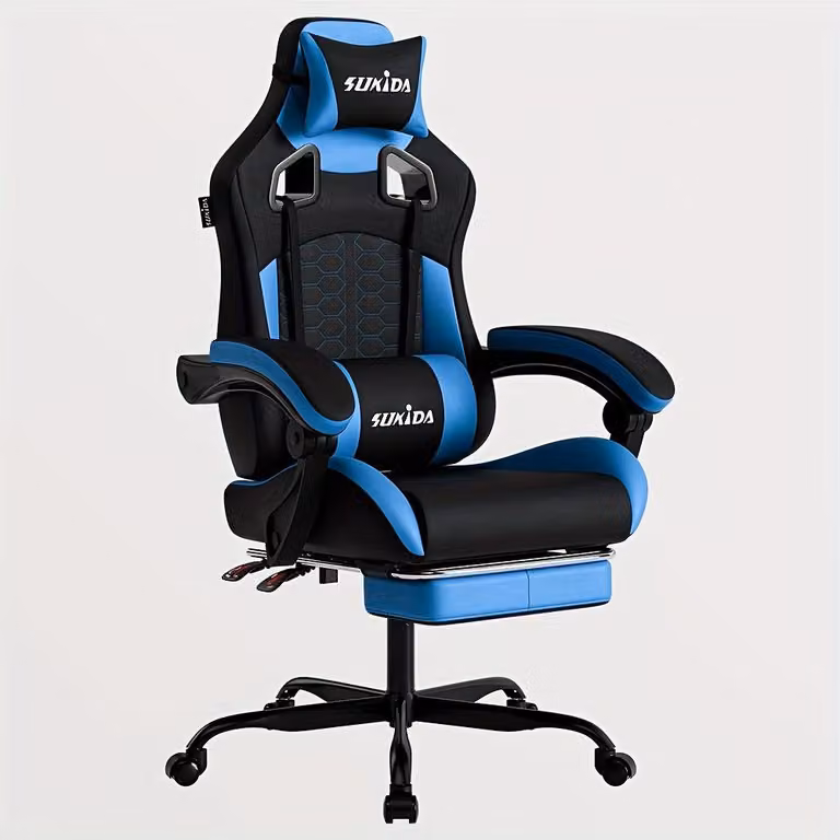 Sedia da gaming ergonomica per eSports, con poggiapiedi in ecopelle, disponibile nei colori nero e blu
