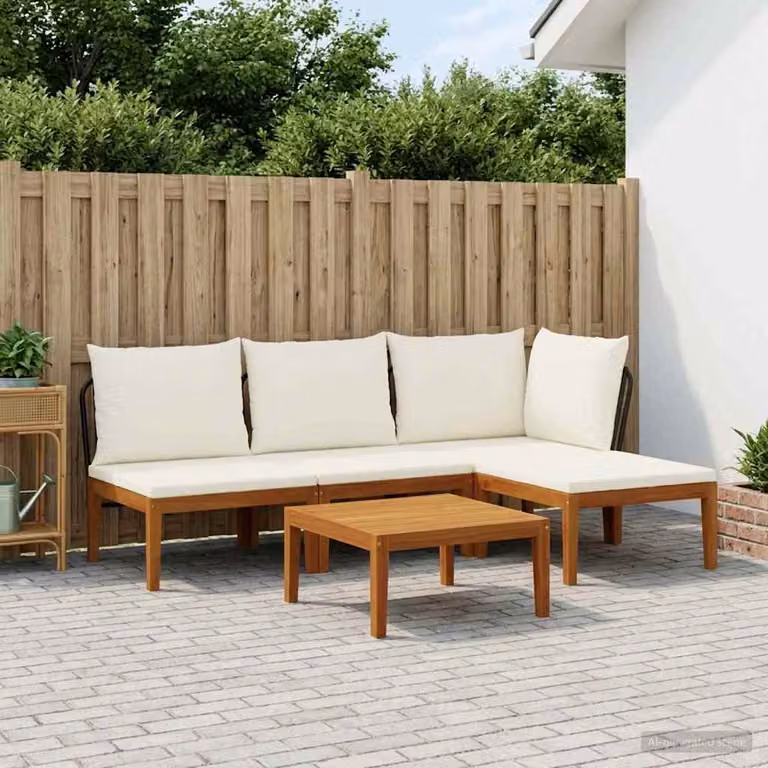 Set da giardino moderno vidaXL in legno di acacia con cuscini inclusi, composizione a L con divano, pouf e tavolino, colore marrone, beige e bianco