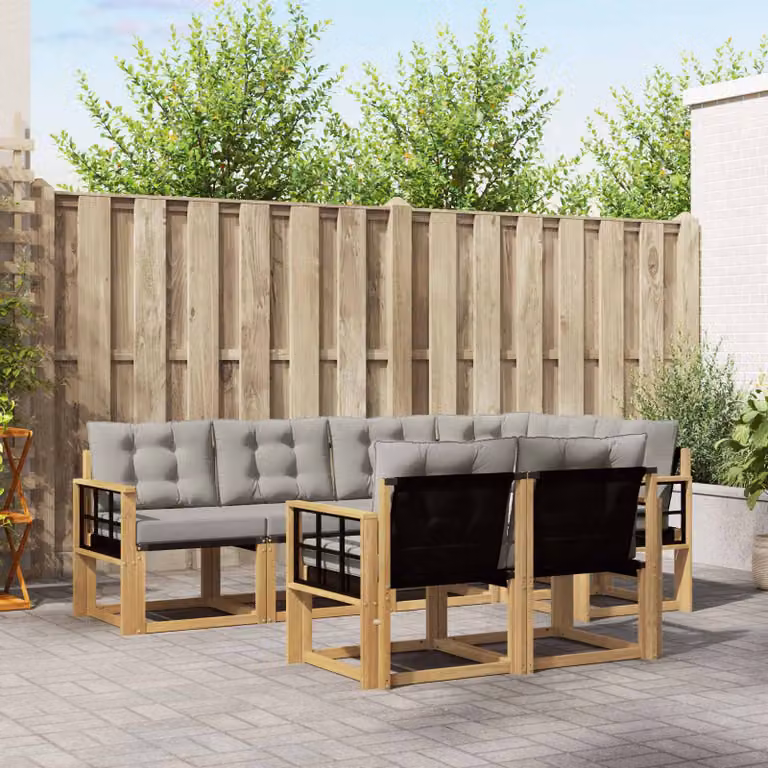 Set di divani da esterno vidaXL 7 pz in legno di acacia con cuscini bianchi e grigi