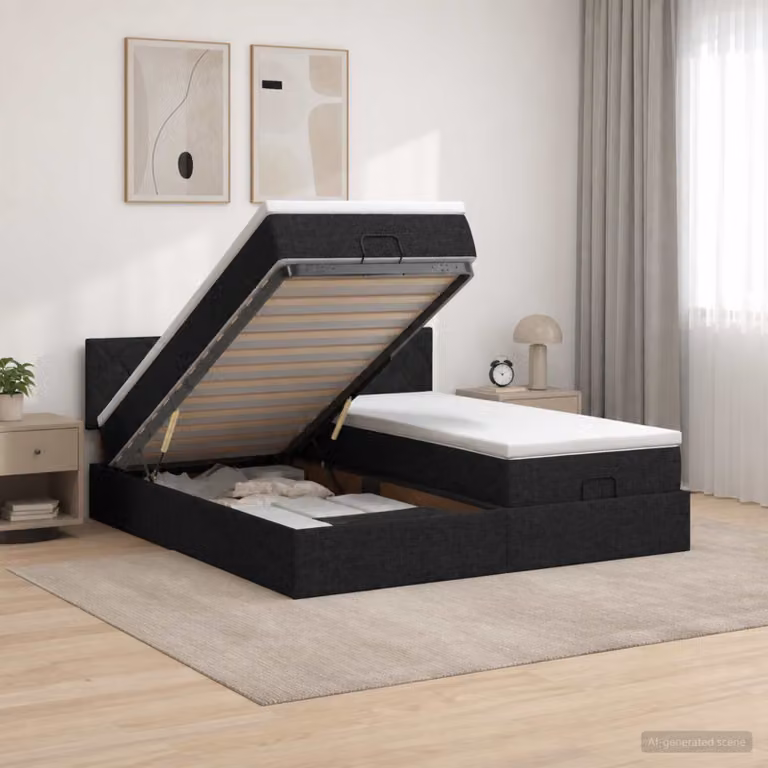 Letto ottomano con materasso e testiera vidaXL in tessuto nero e bianco, L/P/H: 180 x 200 x 88 cm