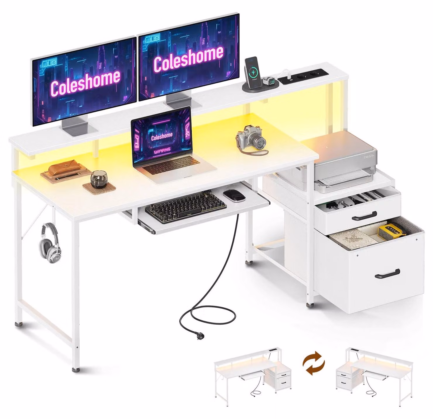 Scrivania con cassetto, dimensioni 140x48 cm, reversibile, con prese di corrente e porte USB