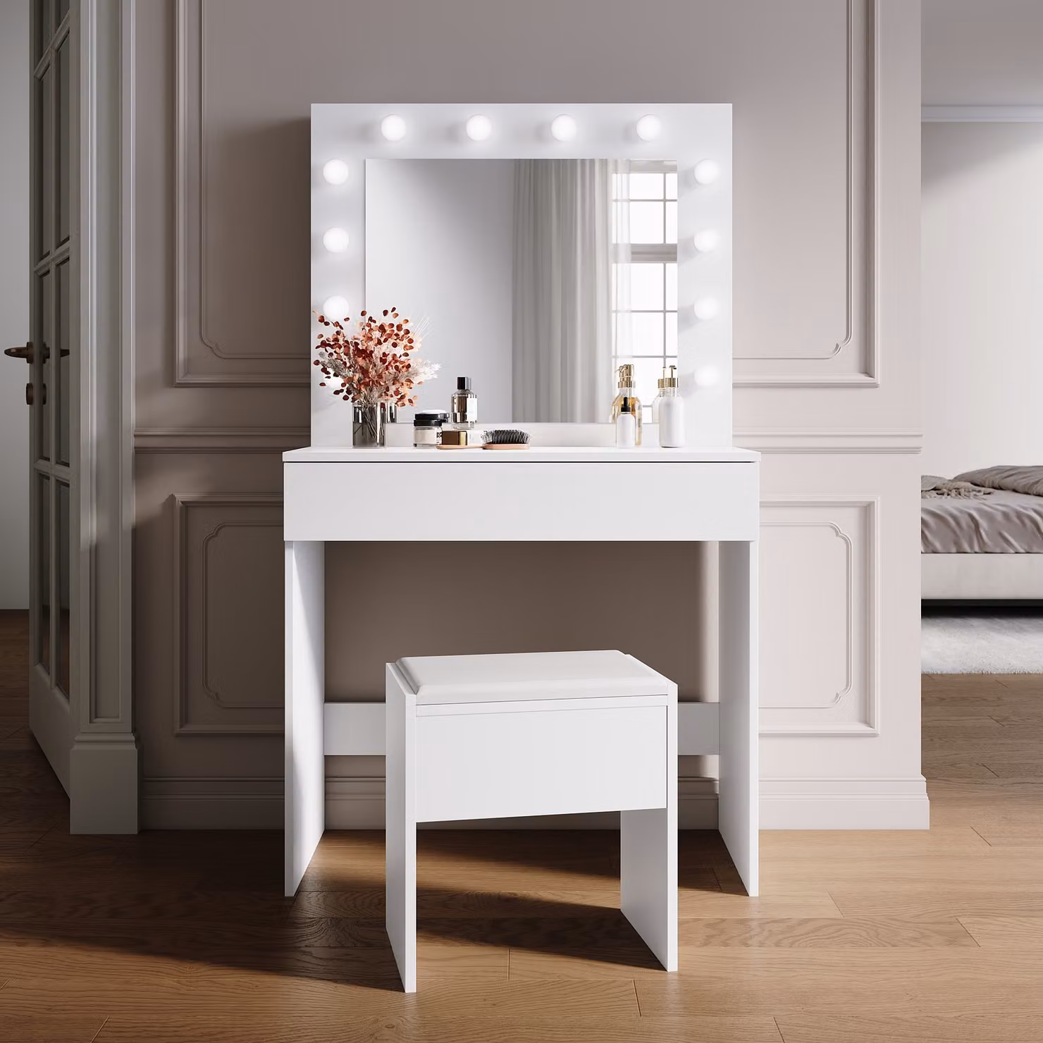 SONNI cassettiera bianca 80x40x140cm Cassettiera a luce LED con luminosità regolabile con specchio e cassetto