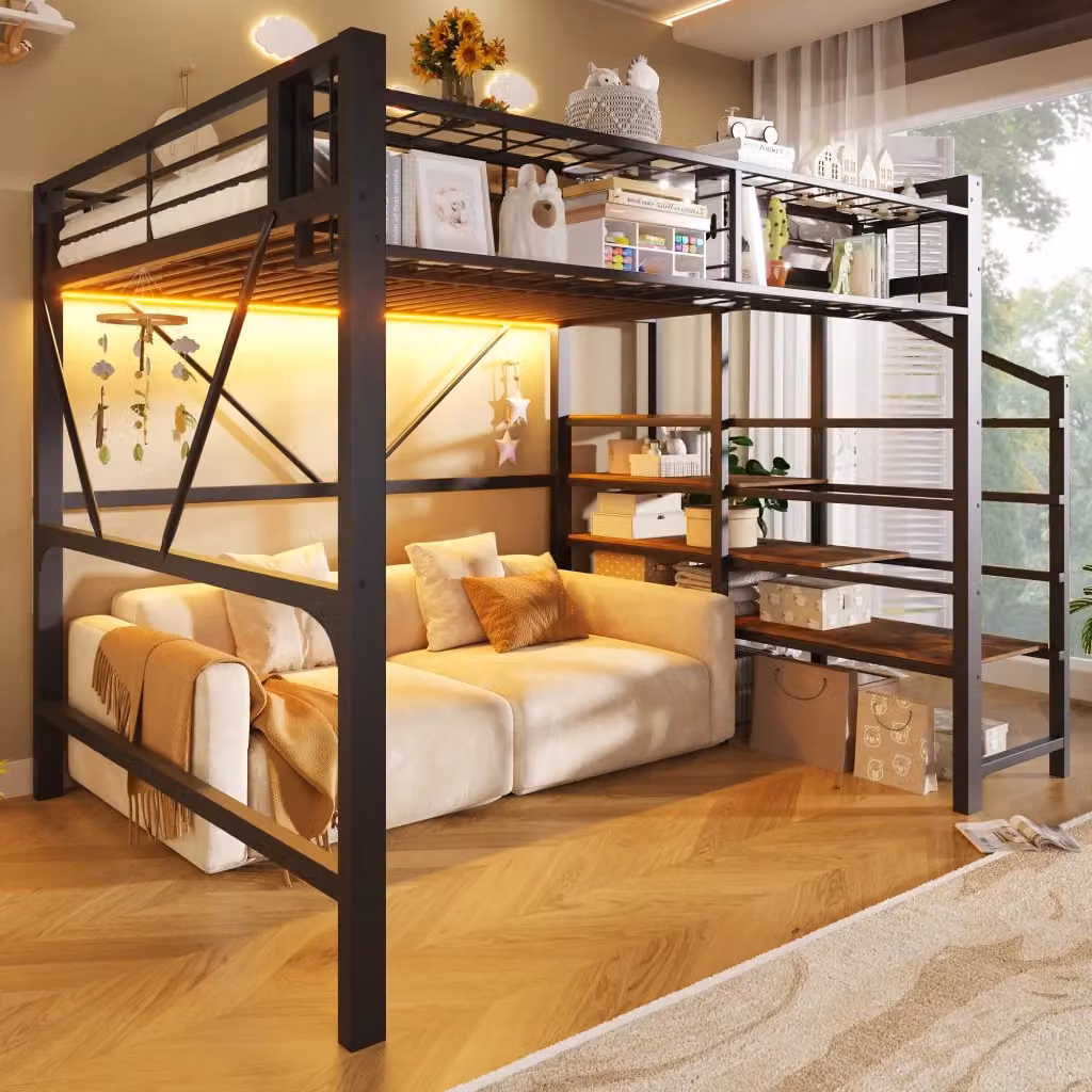Letto a soppalco Mivray nero con scala a ripiani, illuminazione LED sottostante e contenitore in metallo e MDF, L/P/H: 140 x 200 x 251,5 cm – 2