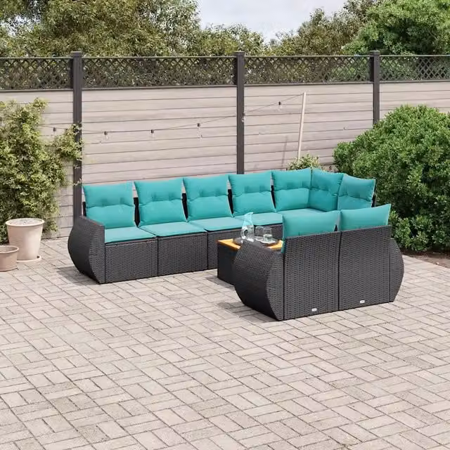 Set da giardino moderno vidaXL composto da 9 pezzi con cuscini e tavolino, in rattan e metallo nero con dettagli in legno di acacia