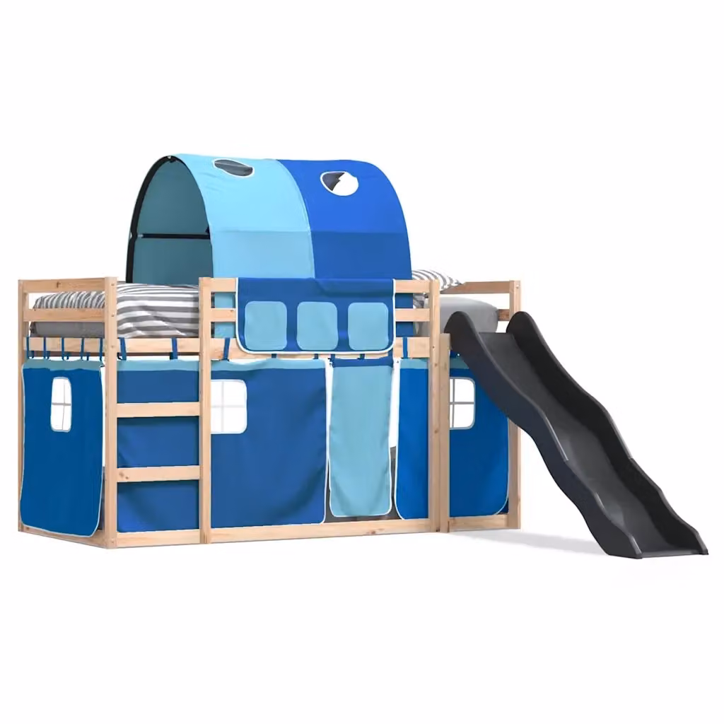 Letto a castello per bambini vidaXL in legno di pino con scivolo e tende blu e antracite L/P/H: 200 x 80 x 113 cm – 2