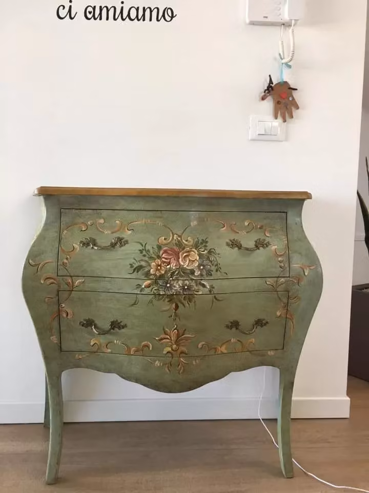 Comò bombato con 2 cassetti e decori floreali Mobili 2G laccato verde invecchiato L: 94 cm, P: 42 cm, H: 80 cm – 3