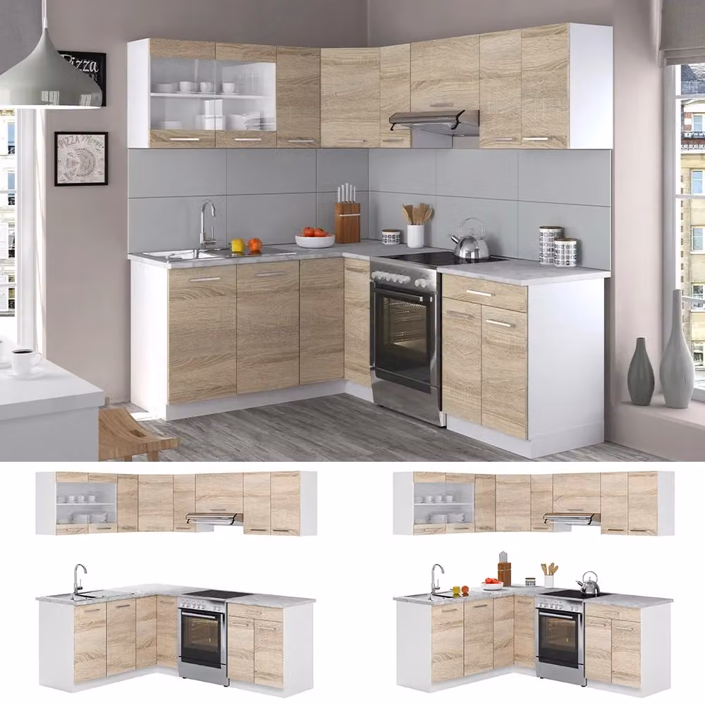 Cucina ad angolo moderna Vicco R-Line Sonoma e Bianco con illuminazione LED integrata e piano effetto marmo, L/P/H: 207 x 167 x 81,6 cm – 2