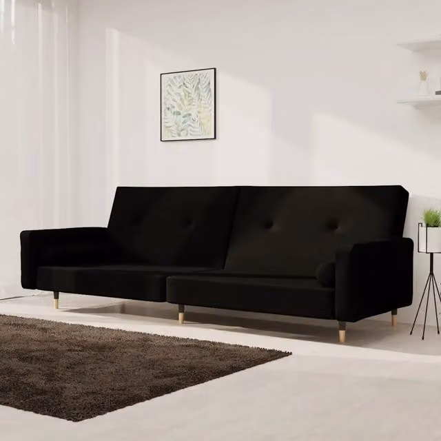 Divano Letto a 2 Posti con 2 Cuscini-Sofa Letto 2 Posti-Daybed Nero in Velluto 338294