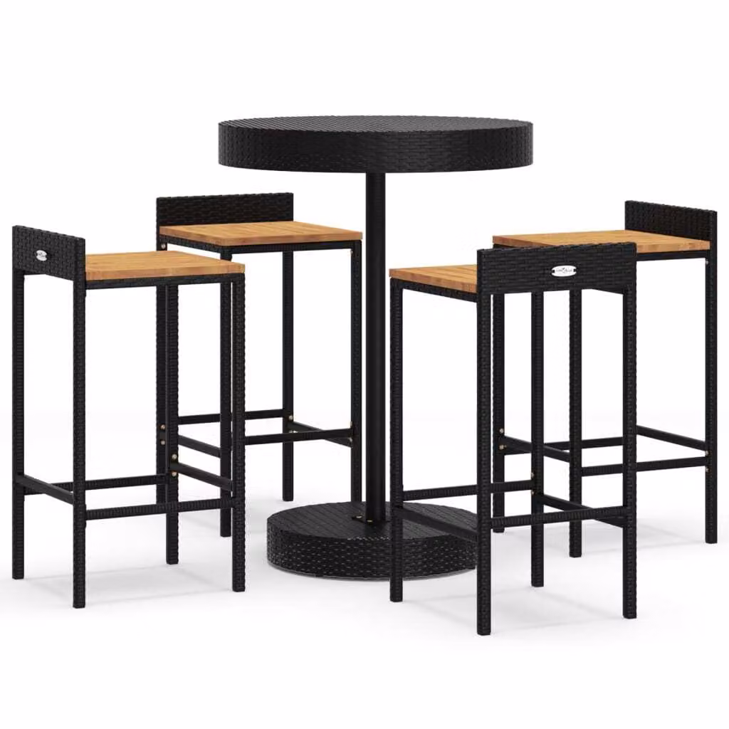 Set Bar Giardino 5 pz Nero Polyrattan e Legno Massello Acacia