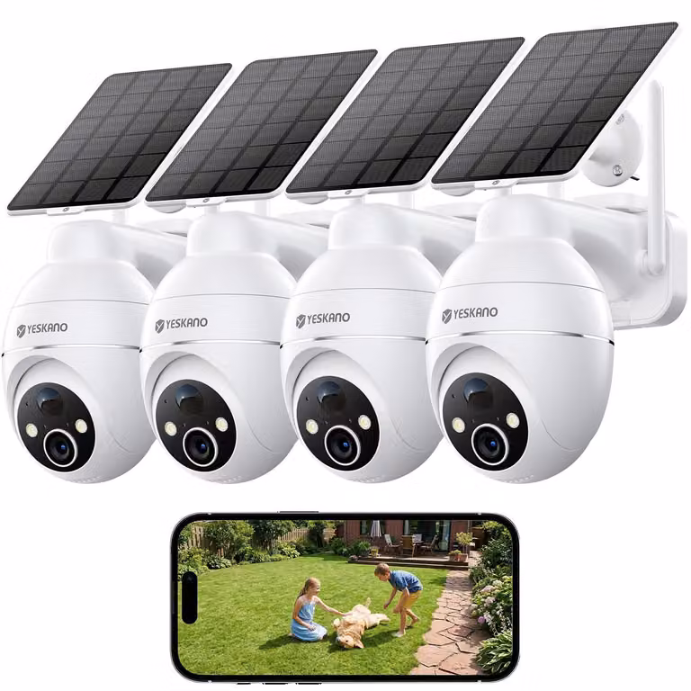 Telecamera da esterno wireless 2K QHD - Alimentazione a pannello solare - Rotazione panoramica a 360 gradi - Telecamera di sicurezza Wi-Fi