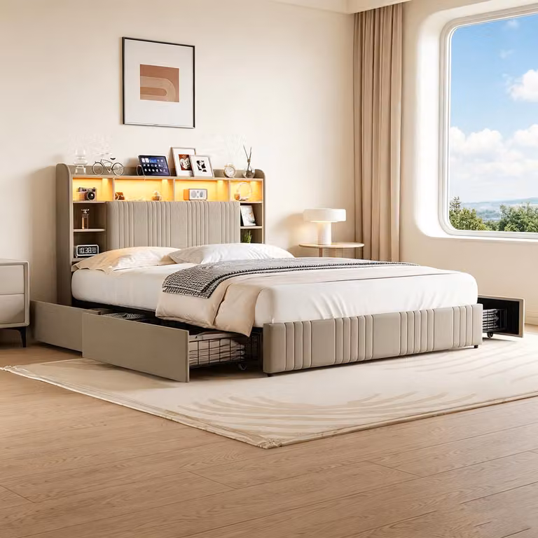Letto imbottito INONEFT, modello boxspring, 160x200 cm, con LED e porte USB/C. Letto matrimoniale con struttura e 4 cassetti, testiera con vano aperto. Letto per giovani, colore beige, tessuto in lino