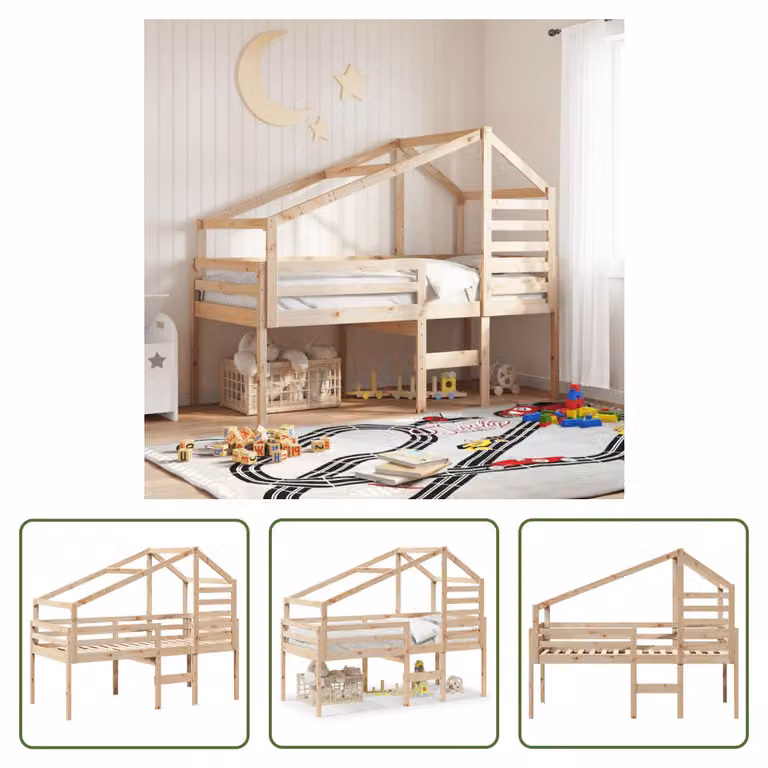 The Living Store Letto a soppalco con tetto 75x190 cm in legno di pino massiccio