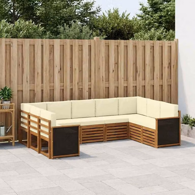 Set di divani da esterno vidaXL a forma di L in legno di acacia con cuscini, colore naturale e crema