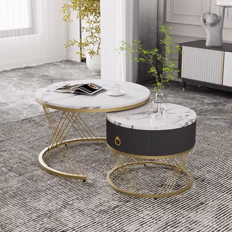 set di 2 tavolini in marmo con ripiano rotondo Ø70 x 45cm e Ø50 x 40cm, tavolino con cassetto e struttura in metallo dorato, tavolo da salotto tavolo da divano